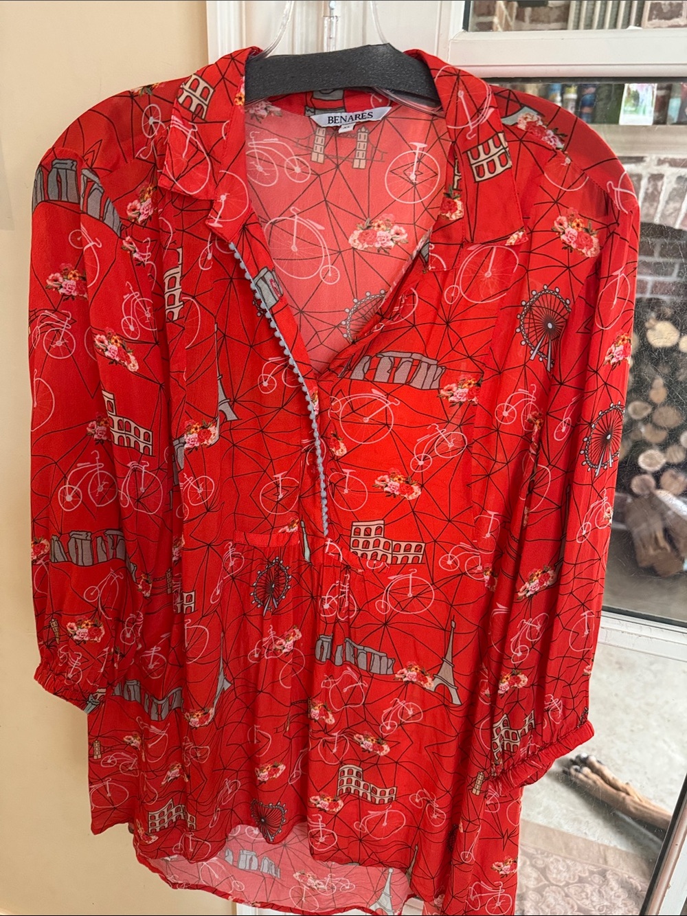 Benares Red Printed Button-Front Tunic Top- XL